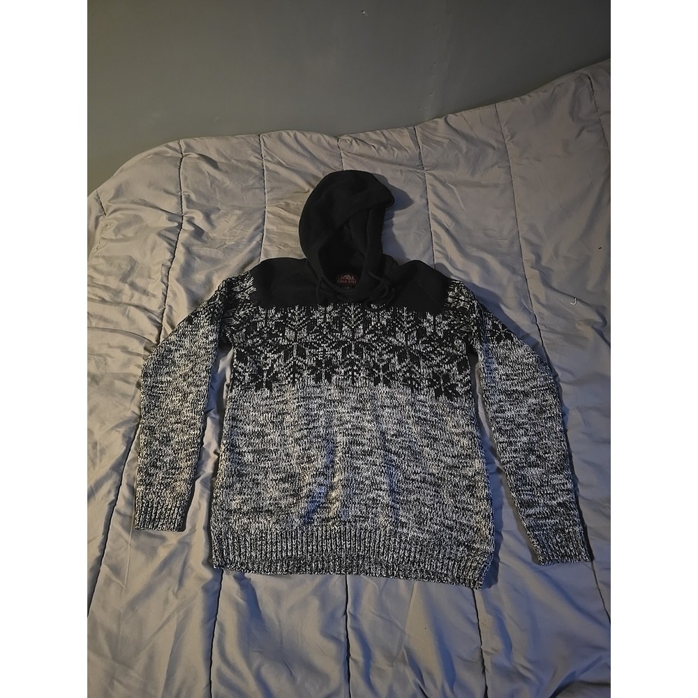 Acrylic knit hooded sweater, Cabin Fever brand, marled black and white pattern